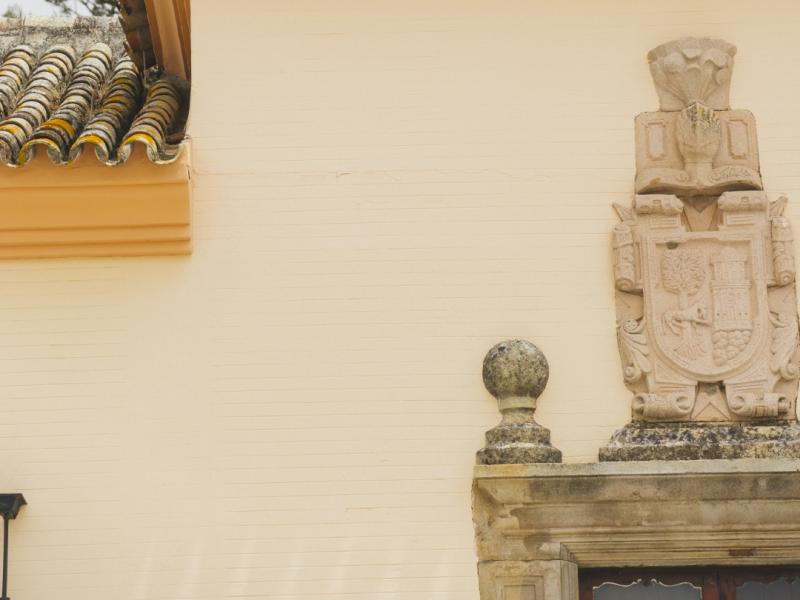 Vista parcial de la entrada de la casa palacio, escudo de armas en piedra