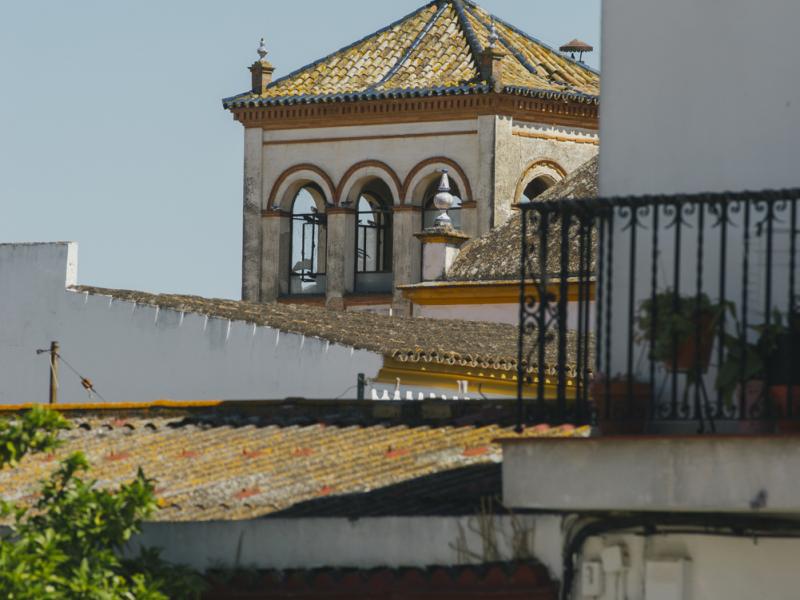 Palomares del Río. Parte de la torre mirador de la Hacienda de San Rafael vista desde una calle
