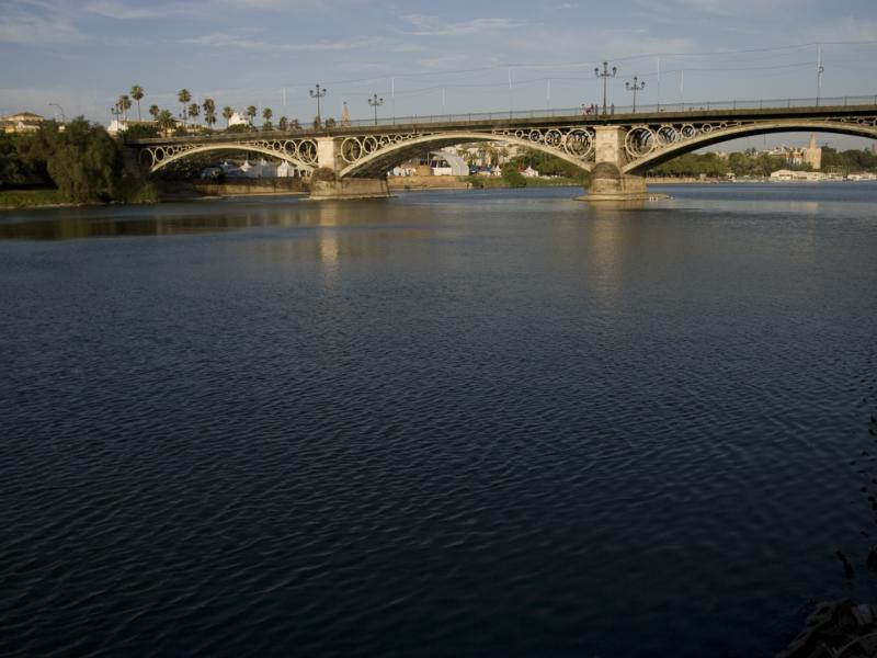 Imagen tomada desde el margen derecho donde se ve el puente a todo lo largo