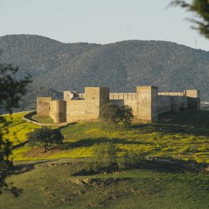 Castillo medieval con la sierra al fondo