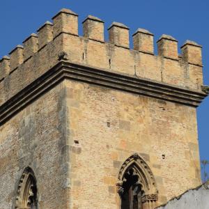 Vista de la parte superior de la torre de don fadrique románico y gótico donde se observa azotea con almenas y merlones y cuatro pequeñas gárgolas en los ángulos